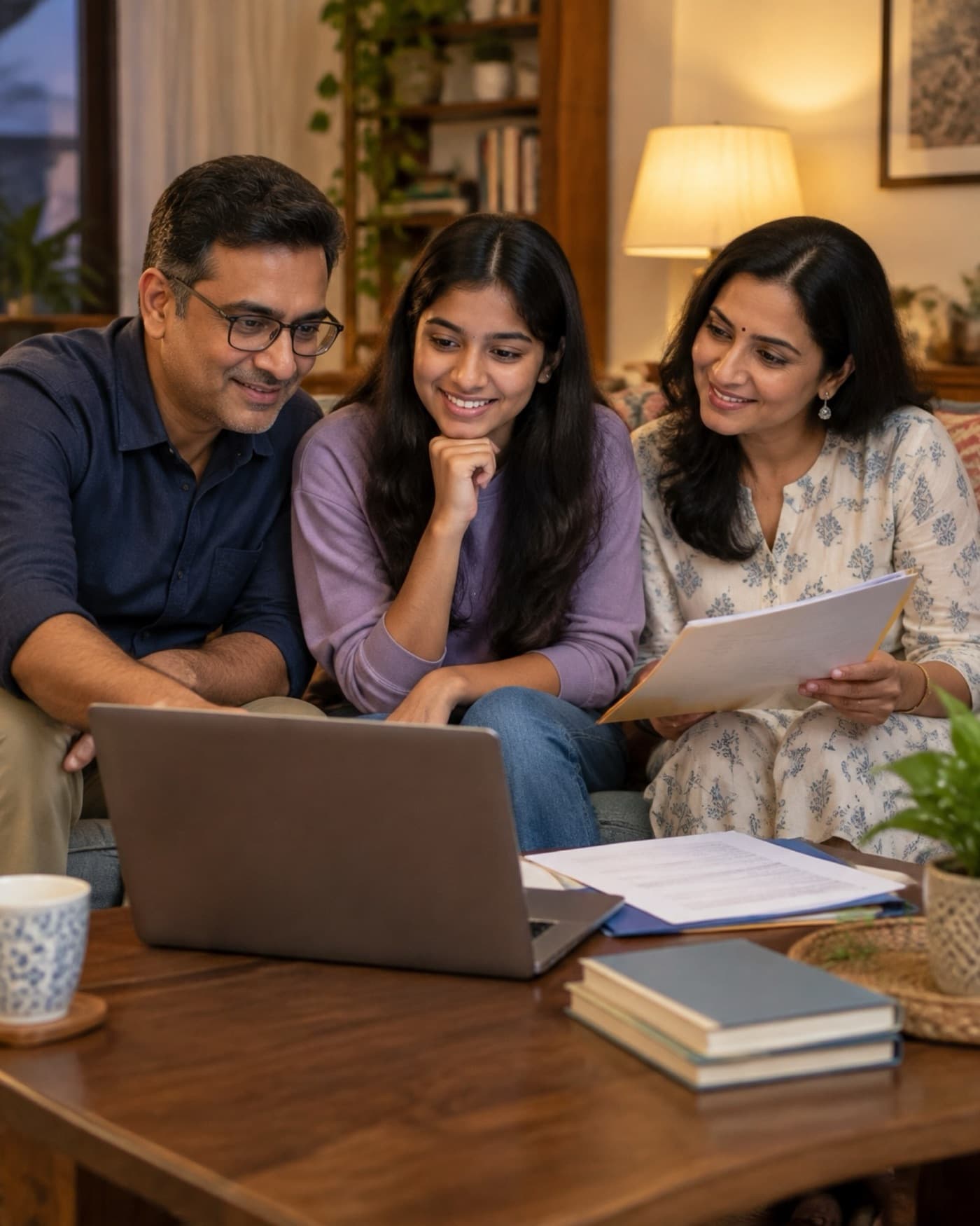 Parents and their daughter discussing college options at home