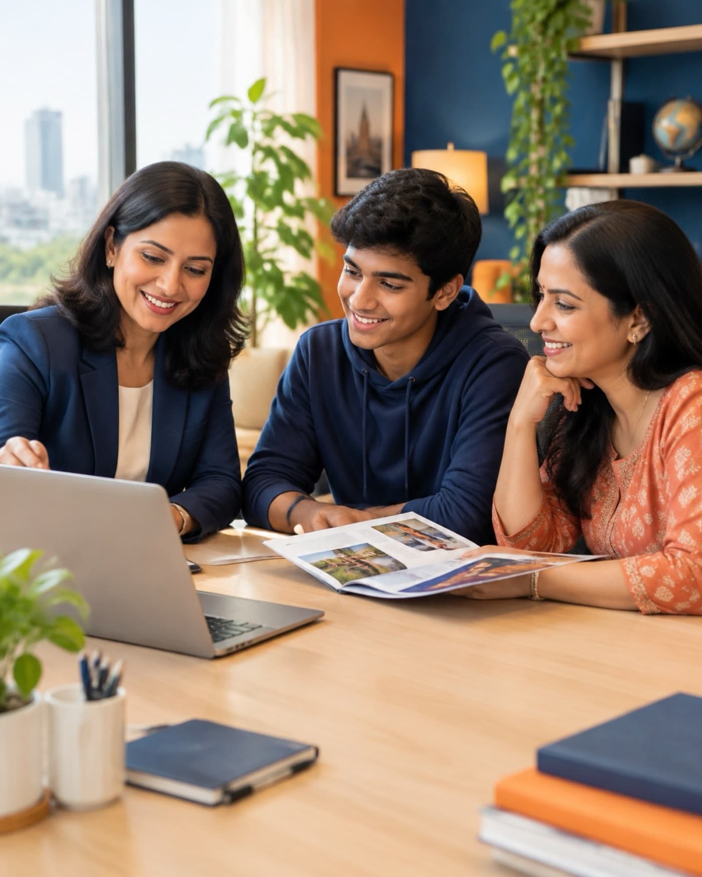 A counsellor reviewing course options with a student and parent