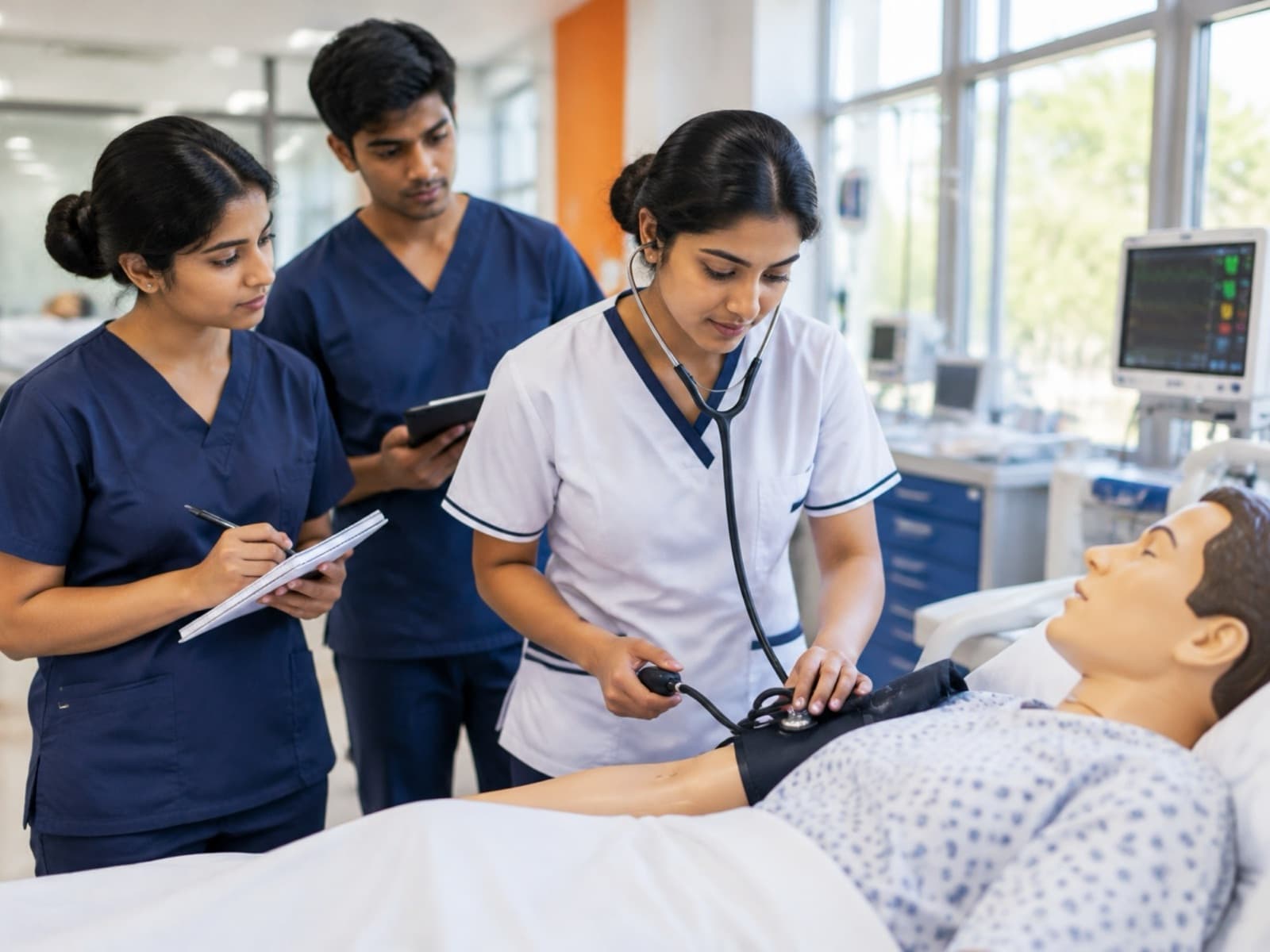 Nursing and allied health students practising in a simulation lab